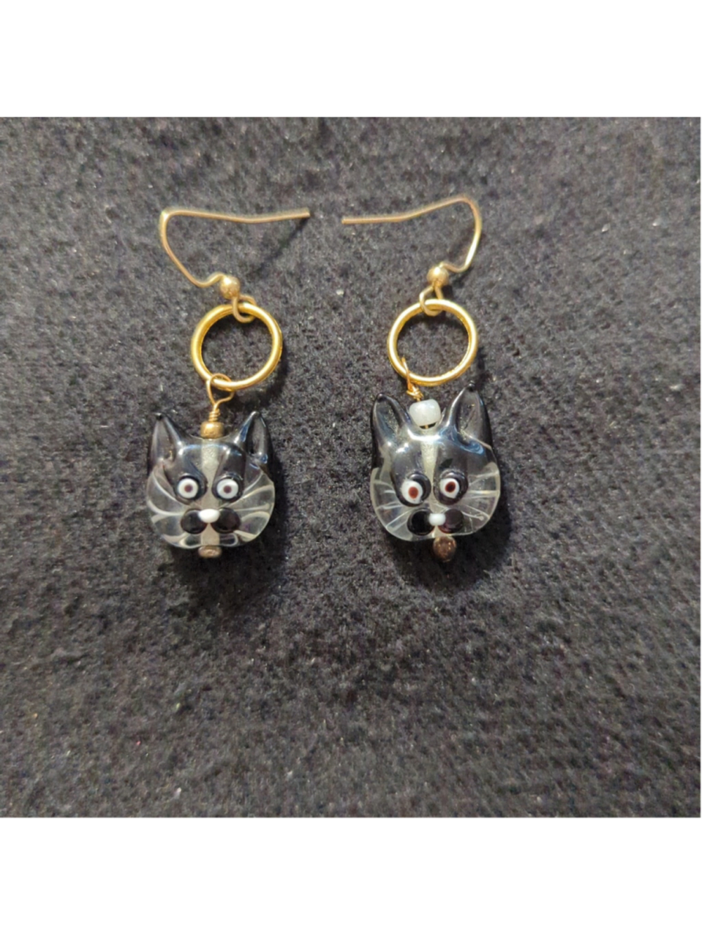 Gold Tone Black White Clear Glass Kitty Cat Face Drop Dangle Statement Earrings